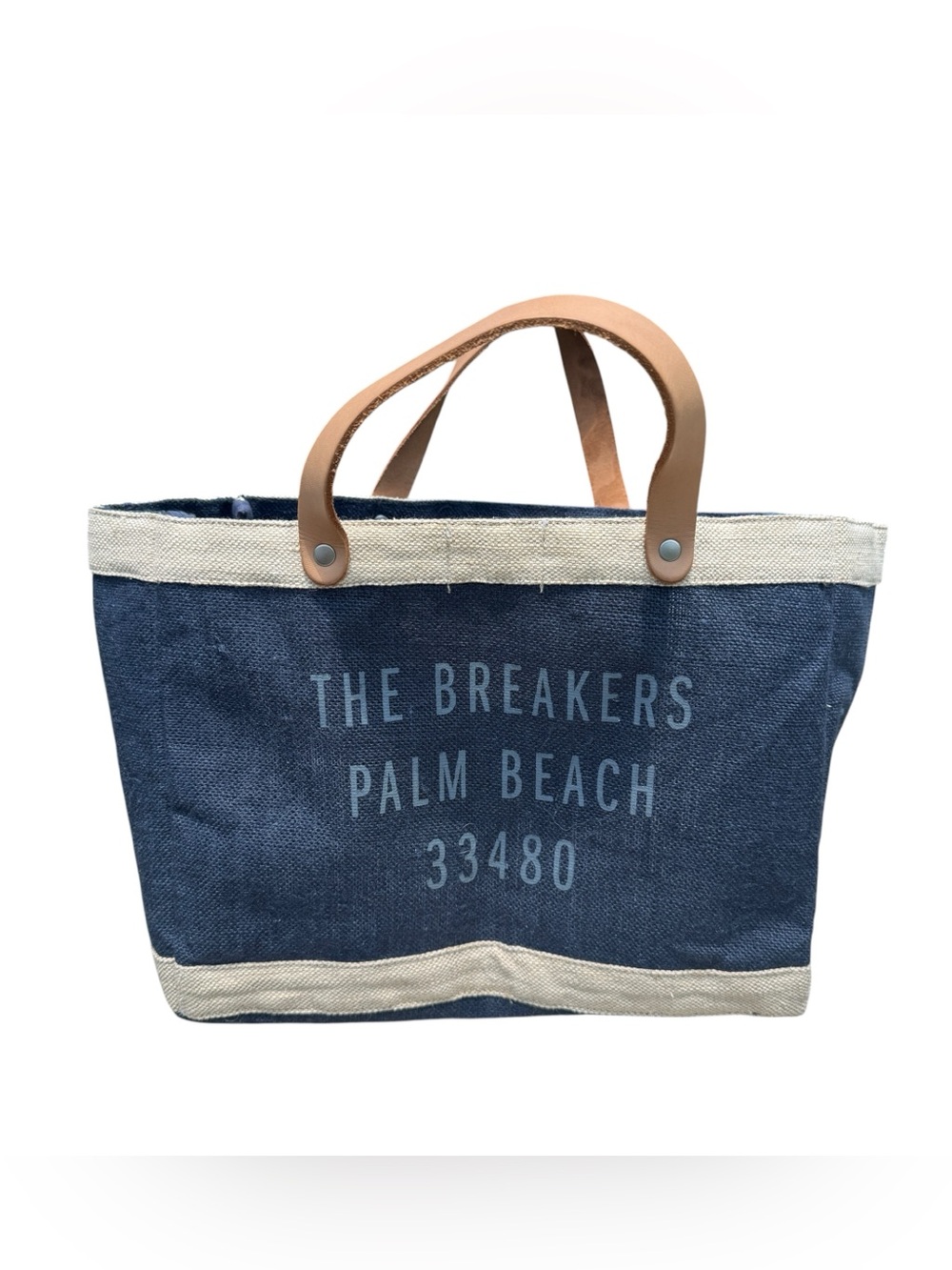 Apolis The Breakers Palm Beach Navy Jute Leather Tote Coastal Resort Beach Bag